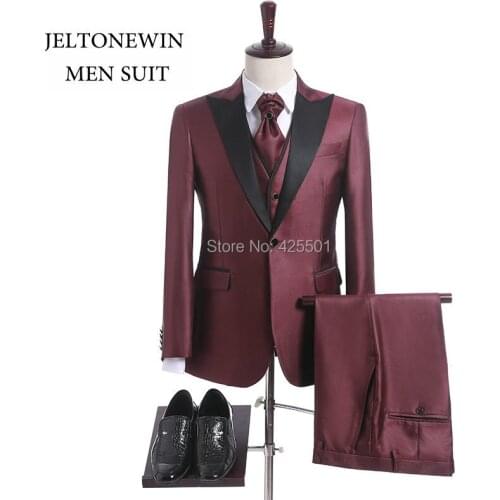 Latest Coat Pant Designs 2020 New Brand Shiny Burgundy Men Suits For Wedding Groom Peaked Lapel Slim Fit 3 Pieces Prom Tuxedos