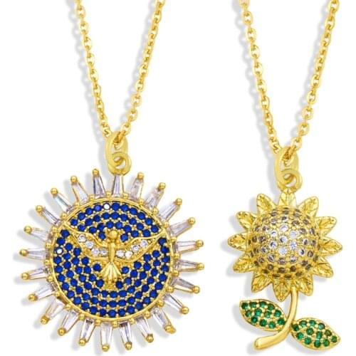 FLOLA Copper CZ Sun Flower Necklace White Blue Stone Crystal Gold Chain Eagle Necklace Pendant Women Jewelry 2021 nkew18