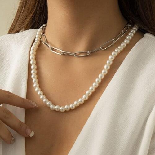 Vintage Punk Hollow Thick Chain Pearl Necklace for Women Double Layers Geometric Clavicle Necklace Colar Choker Jewelry Gift
