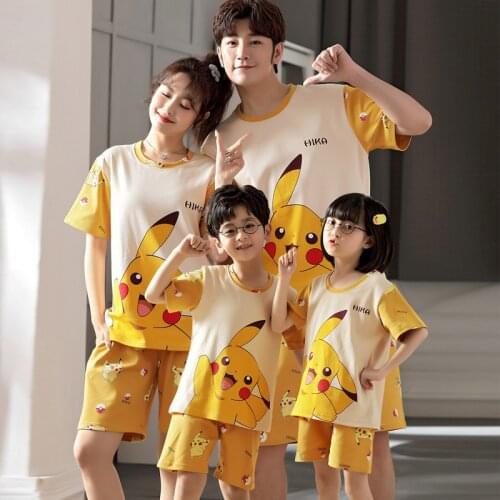 Pokemen Pikachu Szie 8-4XL Parent-Child Pajamas Set Summer Pure Cotton For Boys Girls Women Men Cute Cartoon Home Wear