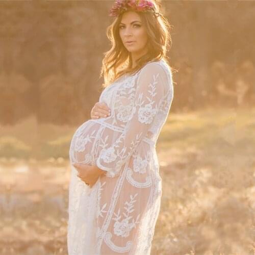 Maternity Dresses Photo Shooting Dress for Pregnant Embroidery 3/4 Sleeve Photography Clothes Womens Pregnancy Lace Dress