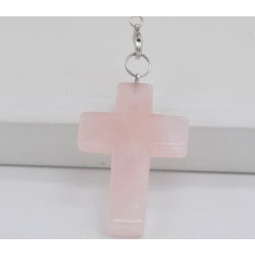 Natural Natural Rose Crystal Stone GEM Pendant Cross Chain Fashion Jewelry S3110