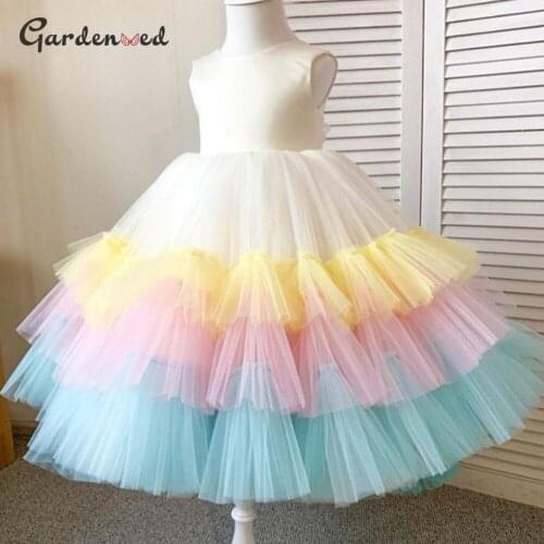 Rainbow Tulle Tiered Girl Princess Dress A line Flower Girl Dress Birthday Dress Girl Evening Dress Satin Top Gown Baptism