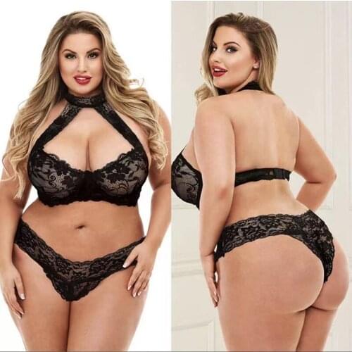 Plus Size Women Sissy Black Lingerie lace Bra Set Bralette Lace Halter Hollow Bra top G-string thong Babydoll Underwear set