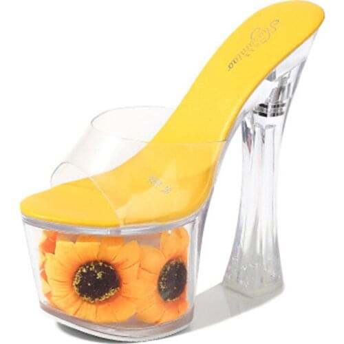 Sexy high heel shoes sunflower thick heel square heel 17-18cm waterproof platform slippers transparent crystal wedding slippers