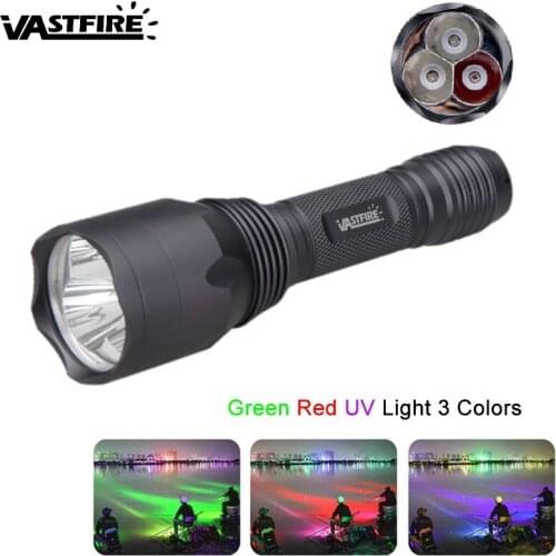 C10 Ultra Bright LED Hunting Flashlight 1 Mode Green/Red/UV Light 3 Colors in 1 Tactical Flashlight for 18650 Battery