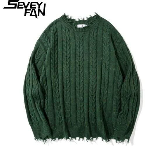 SEVEYFAN Mens Solid Twisted Torn Edges Sweaters Streetwear Loose Cotton O Neck Kintwear Hip Hop Pullover Sweater for Couples