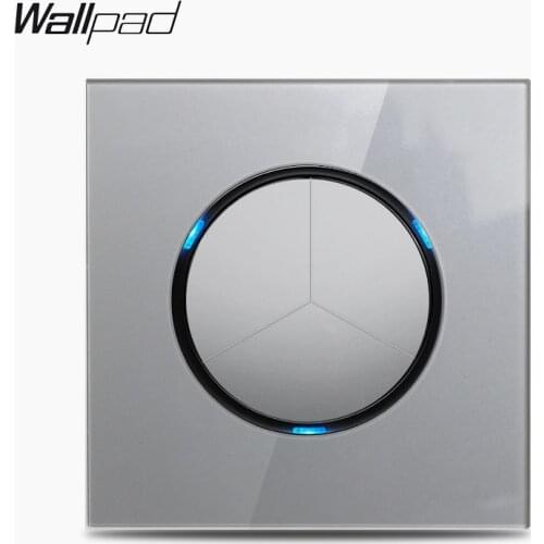 Wallpad L6 3 Gang 1 Way 2 Way Wall Light Switch Electric Power Switch Push Button with LED Indicator Grey Crystal Glass