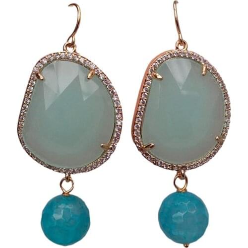 YYGEM Blue Faceted Agate Cubic Zirconia Pave Bezel Set Green Crystal Dangle Hook Earrings Girlfriend Gift