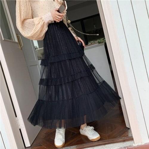 Women 2021 Summer Lace Patchwork Mesh Midi Skirts Female Elastic Waist Pleated Skirt Ladies Chiv A Line Long Tulle Skirt S121