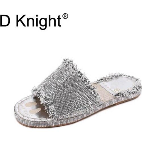 Ladies Casual Flat Rhinestone Slippers New Fashion Open Toe Hemp Insole Cotton Fabric Slides Size 35-40 Fishermens Summer Shoes