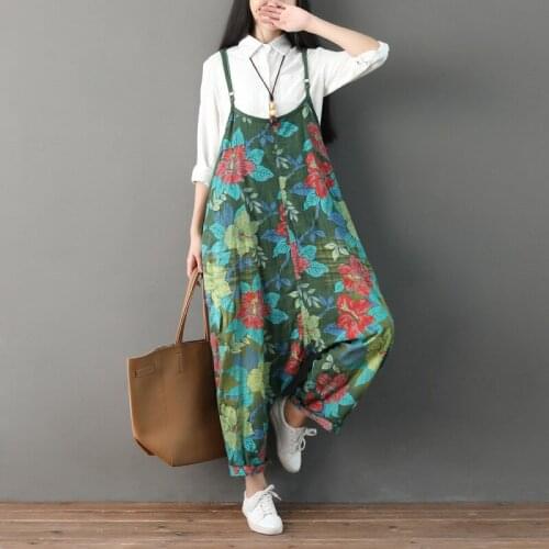Vintage printed jumpsuit women loose Plus Size cotton overalls summer cotton ankle-Length adjustable length casual women clothes