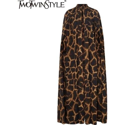 TWOTWINSTYLE Loose Print Leopard Trench For Women Stand Collar Long Sleeve Casual Vintage Windbreaker Female Fashion New Tide