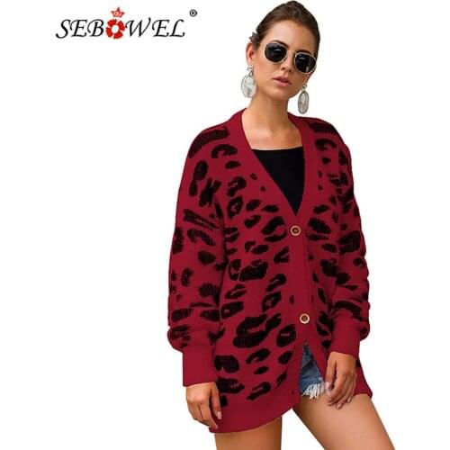 SEBOWEL 2020 Autumn Winter Womens Knittwear Sweater Coat Female Leopard Print Long-sleeved Cozy Cardigans Sweaters Size S-XL