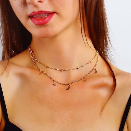 ABDOABDO Collier multi-layer necklace moon pentagram stainless steel pendant long ladies silver color chain jewelry Collares