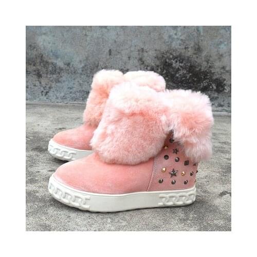 Winter Female Genuine Leather Fur Pink Black Snow Ankle Boots For Woman 8CM Height Increasing Warm Furry Shoes Botines Mujer