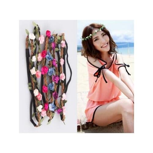 10pcs/lot Bride Flower Headband Bohemian Style Rose Flower Crown Hairband Ladies Elastic Beach Hair Accessories