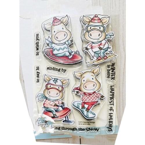 11x16 Piggy skiing Transparent Clear Rubber Stamp Sheet Cling Scrapbooking Photo Album PaperCard DIY Craft