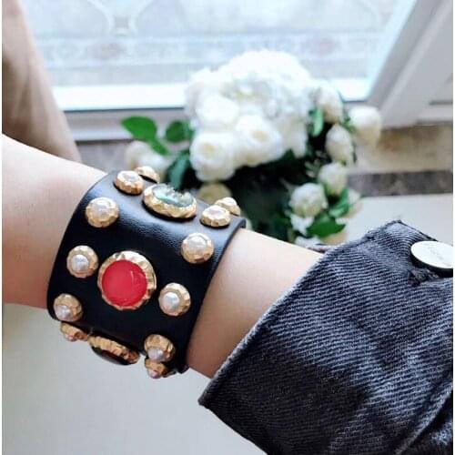 2 colors punk style wide famous brand genuine leather bracelet muti color gem stone bangle for female letter logo bracelet