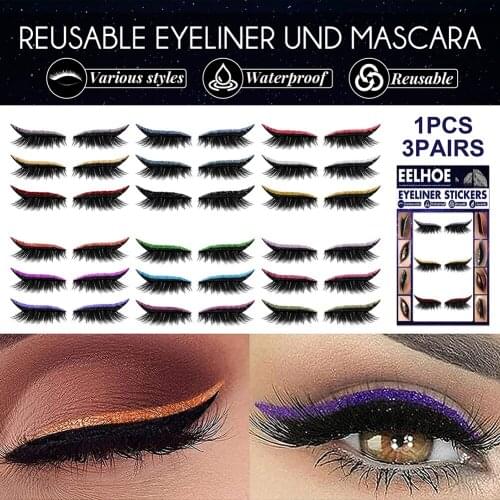 3 Pairs Glitter Eyeliner Eyelash Sticker Waterproof Reusable False Eyelashes Eyeliner Faux Double Eyelid Tape Cat Eye Makeup