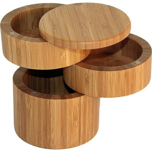 Bamboo Triple Salt Box,Wood Box,3-Tier Round Bamboo Box for Salt or Spice with Magnetic Swivel Lid Spice Storage Box