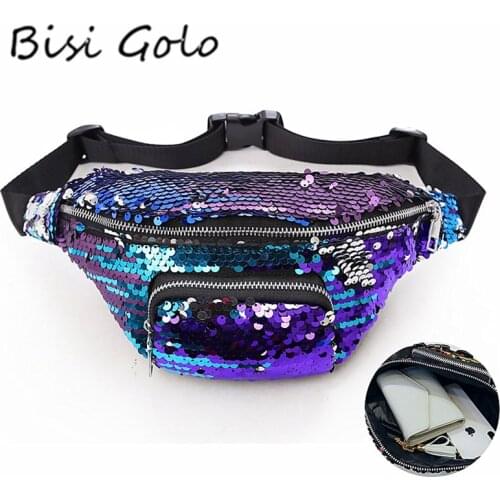 BISI GORO Brand Women Girls Waist Bags Leather Sequin Glitter Waist Fanny Pack Belt Bum Bag Pouch Hip Purse Waist Packs