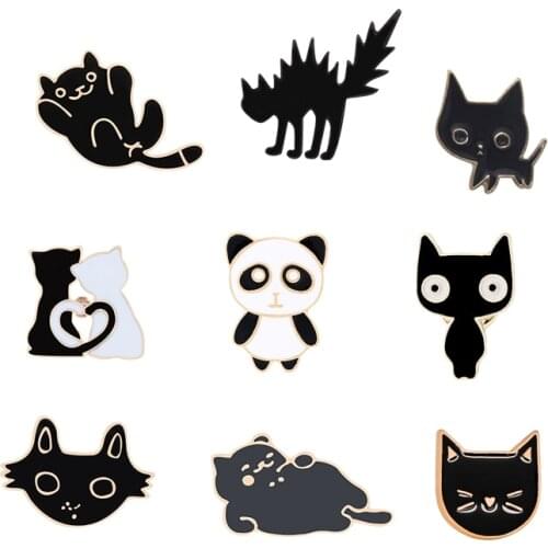 Lovely Animals Cartoon Brooches Black Cat Panda Enamel Metal Pin Clothes Lapel Pins Kawaii Bag Button Badge Women Broche Jewelry
