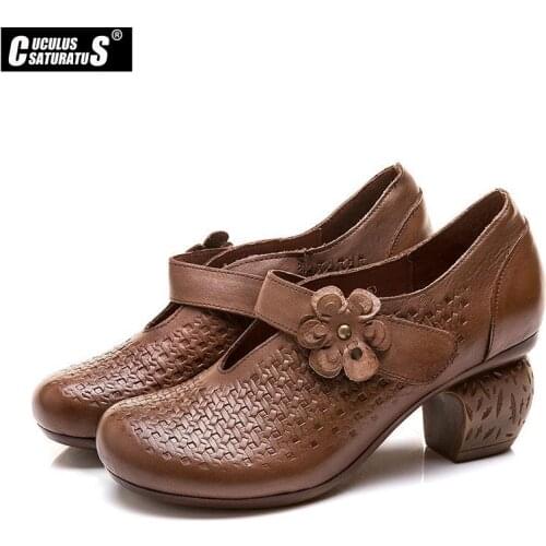 Cuculus Full-grain Cow Leather Womens Shoes 2020 Thick With Pumps Buckle Hollow Rivets Pointed High-heeled genuine Leather