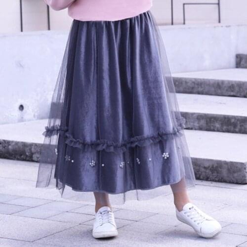 Childrens Clothing New Autumn Winter Spring Gold Velvet Lining Versatile Skirt Childrens Flower Beaded Long Skirt