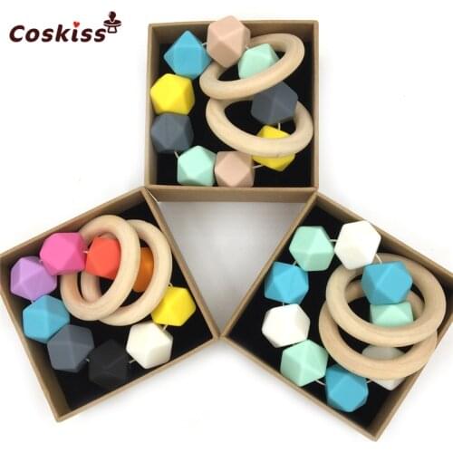 Baby Wooden Teether Ring Bangle Organic Montessori Toy Geometric Hexagon Silicone Beads Bracelet Teether DIY Baby Teether Toy