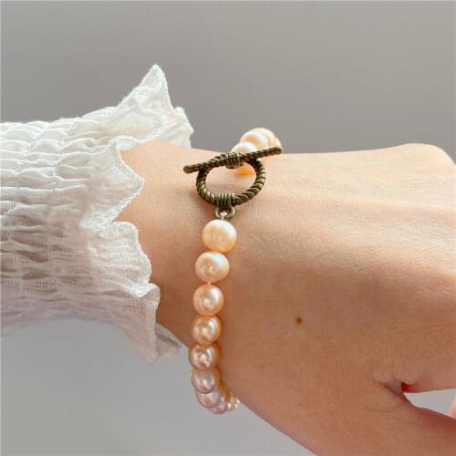 Natural Genuine Golden Pearls Bangle 7-8MM Baroque Freshwater Pink Pearl Beaded Bracelet Chain for Women Female Jewelry Gifts