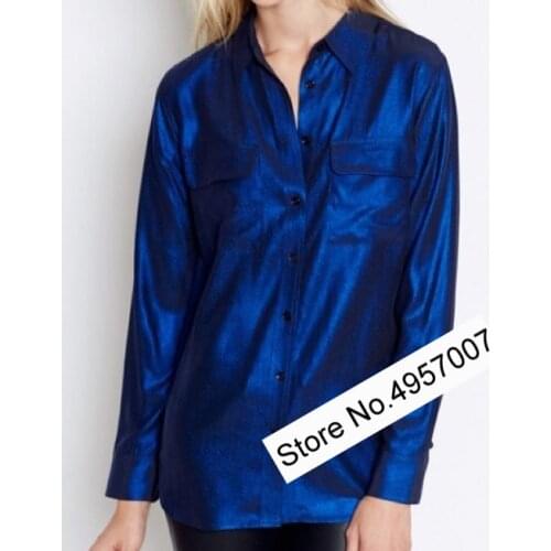 Elfbop Ladies Shine Silk Long Sleeve Blouse Shirt Top - Women/Female Lapel Casual Blue Fashion Shirt Top
