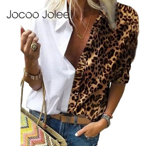 Jocoo Jolee Casual Long Sleeve Leopard Print Patchwork Loose Blouses and Shirts Elegant Office Lady Chiffon Blouse Oversized Top