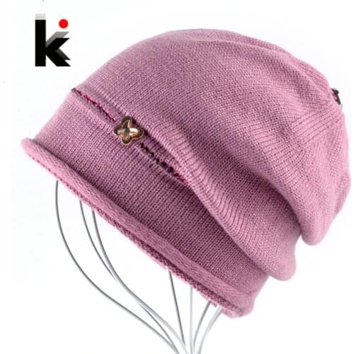Female Beanie Bonnet Hats For Autumn Winter Rhinestone Metal Butterfly Knitted Caps Women Outdoors Casual Knit Skullies Hat