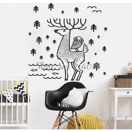 Forest Wall Decal Nordic Woodland Deer and Owl Wall Sticker Modern Home Decals Decor Vinyl Art Murals Christmas Deer Decal A962