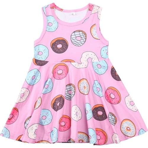 FOCUSNORM Summer Lovely Kids Girls Dress Sleeveless Doughnut Print Stylish Knee Length A-Line Dress 0-4Y