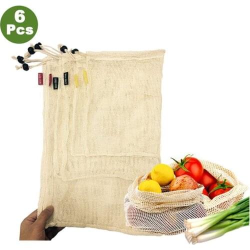6Pcs Reusable Cotton Vegetable Bags With Drawstring Home Kitchen Fruit And Vegetable Storage Mesh Bags Machine Washable 3 Size