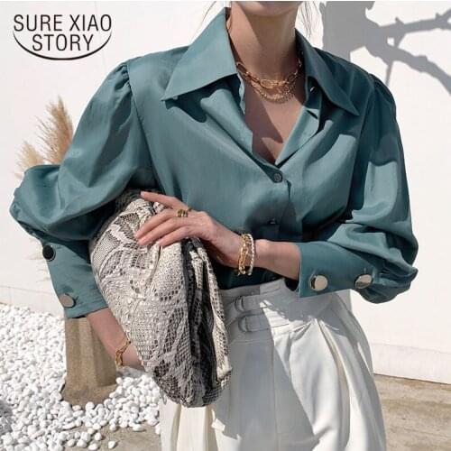 Simple Versatile Lapel Long Sleeve Shirt New Korean Loose Chic Women Blouse Elegant Lantern Sleeve Women Tops Blusas Mujer 12712