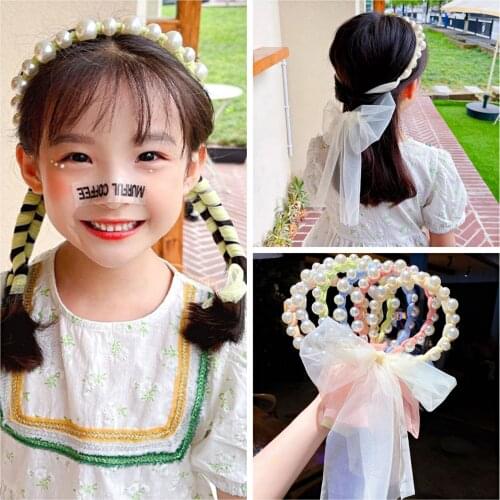 Korean Girl Cute Pearl Hair Band Super Fairy Net Gauze Bow Ribbon Ribbon Princess Hair Accessory Tied Braid Head Flower Girl