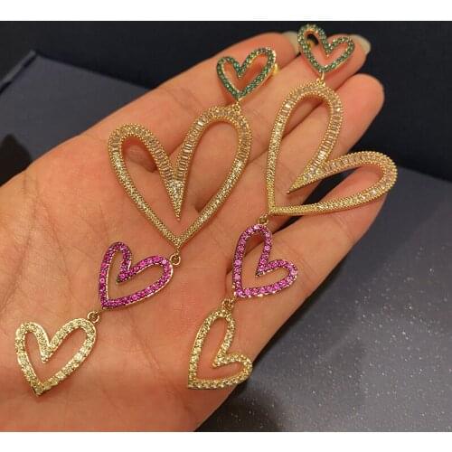Exaggeration Luxurious Pastel Love Heart Shaped Earring Colorful CZ Zircon Long Personality For Women Fashion Jewelry