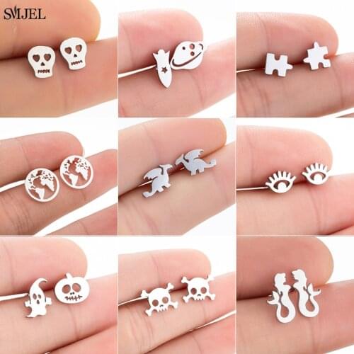 Punk Multiple Stainless Steel Stud Earrings for Women Girls Fashion Map Eye Skull Ghost Music Earrings Jewelry Hip hop Gifts