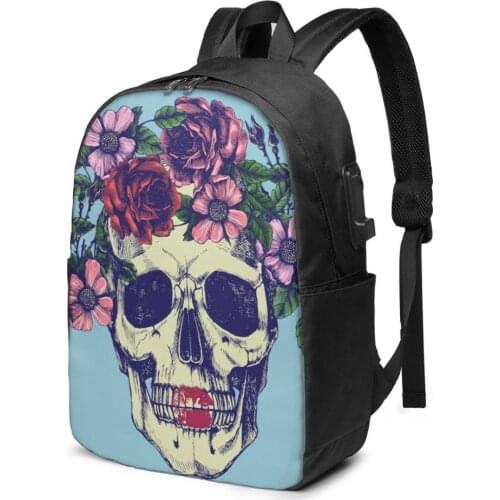 School Bag for Boy and Girl Floral Sugar Skull Backpack with USB Charging Funny Daypack For Teenager Student