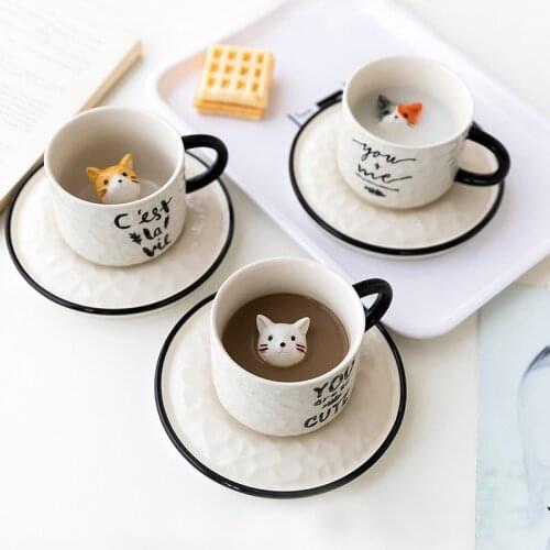 Cat Relief Ceramics Mug With Tray Cute Coffee Milk Tea Handle Porcelain Cup 220ml Pure Color Kitchen Tool Lovely Creative Gifts