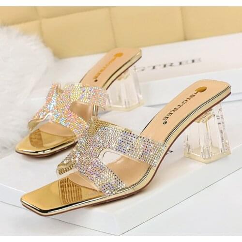 Bigtree Shoes Women H Slipper 2021 Summer Slides Ladies Sexy High Transparent Heels Open Toe Diamond Luxury H Rhinestone Sandals