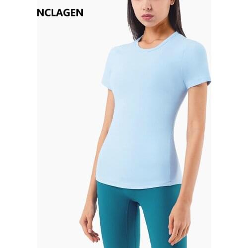 NCLAGEN Sport T-shirt Women Gym Short Sleeve Soft Naked-feel Fabric Breathable Running Fitness Top Workout Elastic Yoga Blouse