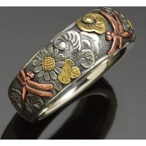Vintage Rose Gold Dragonfly Rings For Men Women Antique Silver Color Jewelry Retro Fashion Yellow Gold Flower Ring Wedding Bands