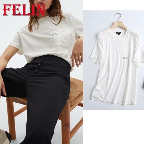 Women White Cotton T-shirts Za Casual Character Print Pockets Summer T-shirts Female Short Sleeve Elegant Office Wear Mujer Tops