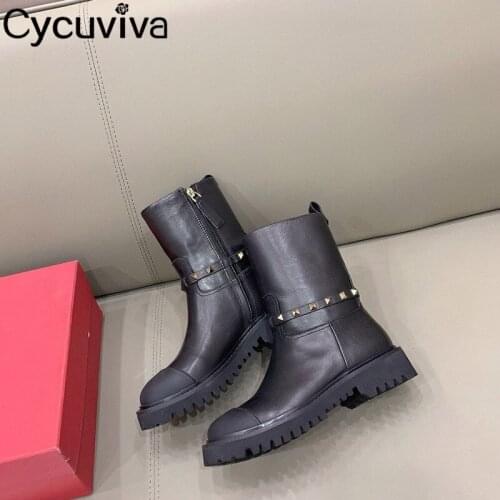 High Quality Genuine Leather Martin Boots Women Shoes Chunky Heel Round Toe Ankle Boots Women Studded Long Boots Female Shoes
