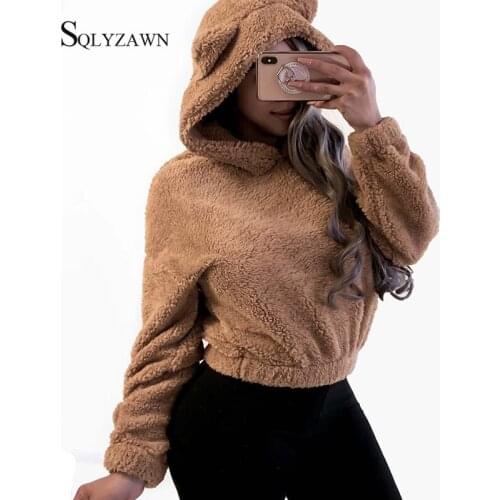Women Cropped Hoodies Fleece Long Sleeve Sweatshirts Fall and Winter Streetwear Kawaii Velour Pullover Korean Cute Tops Clothes