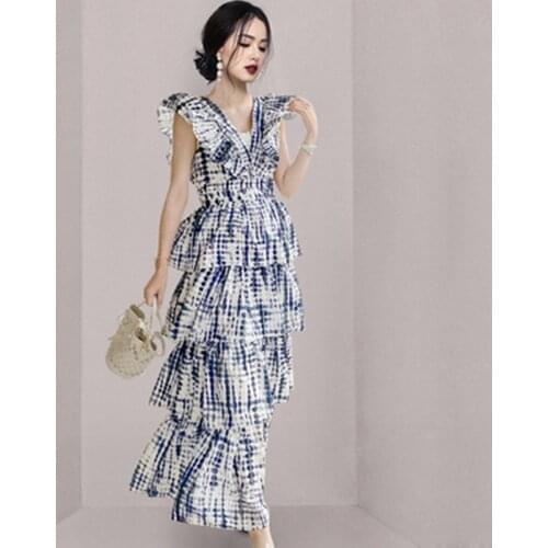 Fashion Retro Cake Dresses For Women 2021 Summer New Sexy V-Neck High Waist Temperament Cascading Ruffled Party Maxi Dress